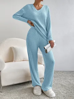 Fashion Solid Striped Suit V-neck Long-sleeved Top And Casual Straight Pants Loose Temperament Women's Clothing - Blue - View 1
