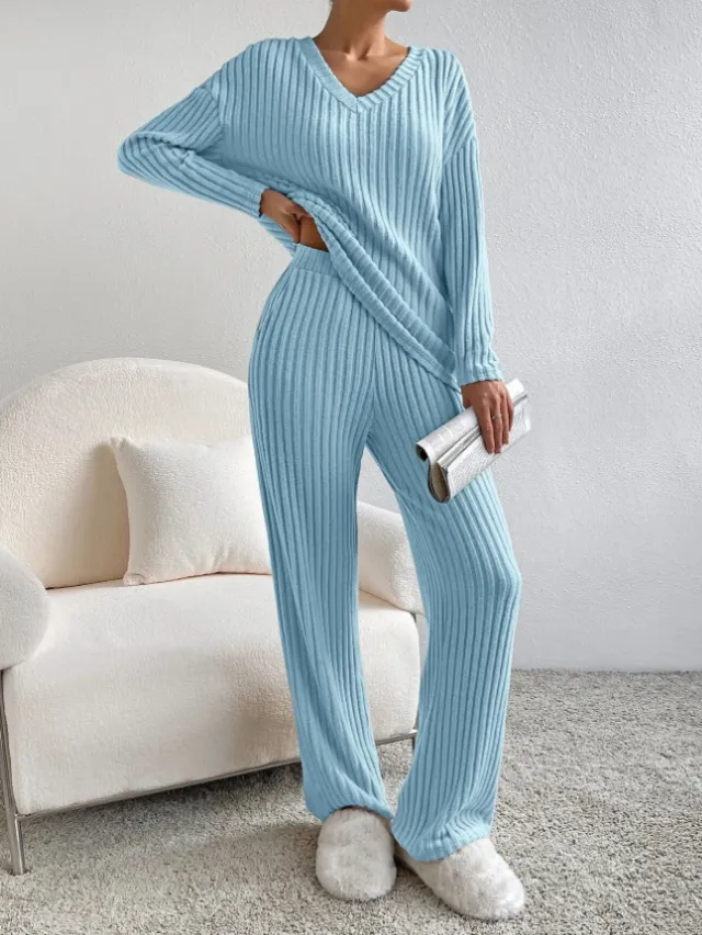 Fashion Solid Striped Suit V neck Long sleeved Top And Casual Straight Pants Loose Temperament Women's Clothing Blue - Shop at LoveMi
