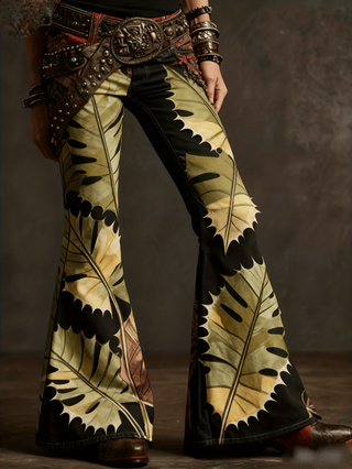 Pantalon évasé femme rétro imprimé, taille haute à bouton unique – Color14, XXL