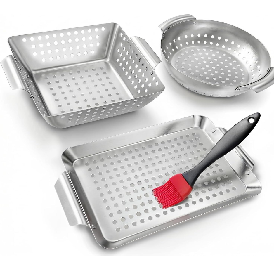 3Pcs Stainless Steel Grill Basket Set With Basting Brush, Compact BBQ Pan