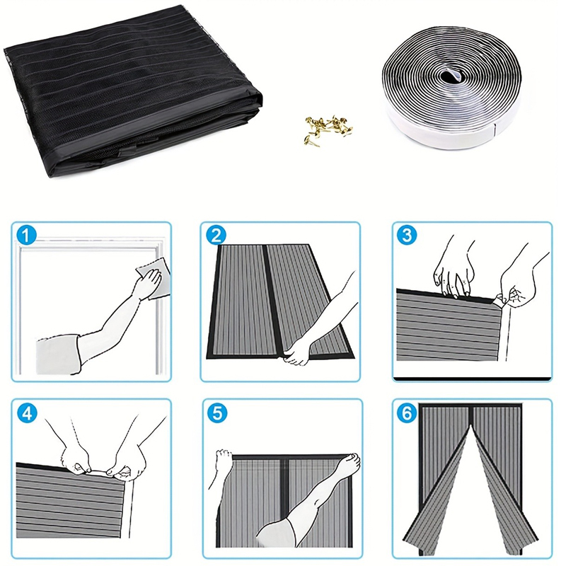 1 Easy-to-install Magnetic Screen Door - Pet-friendly, No-drill Mesh Curtain With Auto-close Feature, Durable And Weather-resistant, Includes Thumbtacks And Double-sided Tape, Perfect For Wooden And A