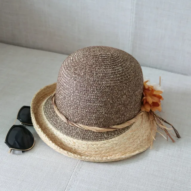 Resort Sun Shade Half Rolled Edge Flower Bowler Hat Coffee - Shop at LoveMi