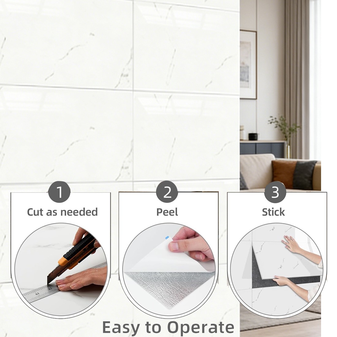 12Pcs PVC Marble Tiles Wall Sticker Self-Adhesive Stick Kitchen Bathroom Decor