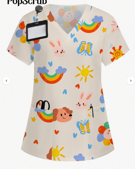 Plus Size Women's Vibrant Print Scrub Top Casual V-Neck Short Sleeve