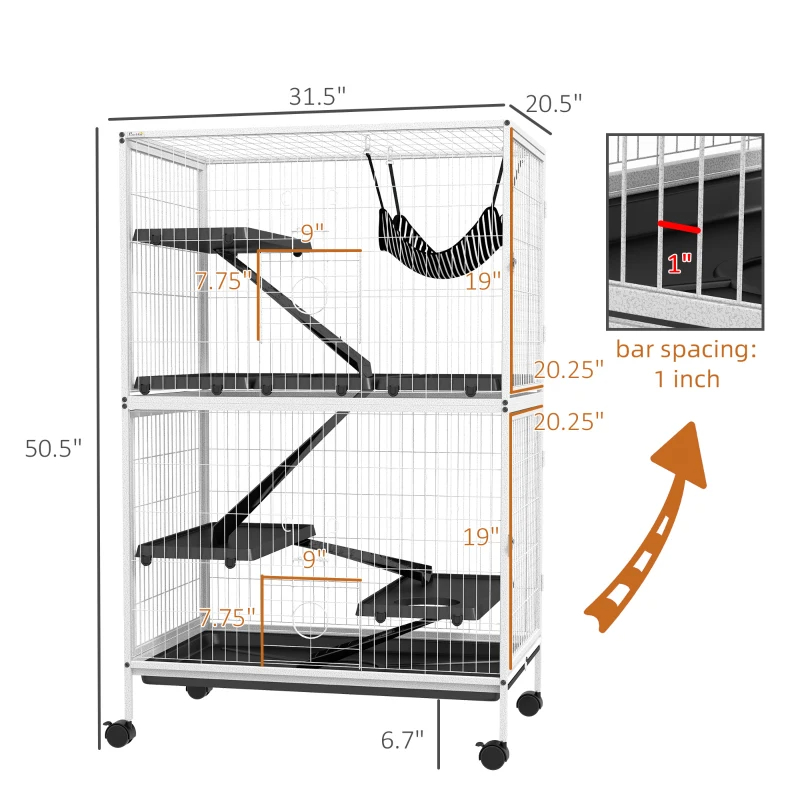 Rolling Small Animal Cage With Hammock, Ferret Cage, Chinchilla Cage, Pet Habitat, WIth 4 Doors, Removable Tray