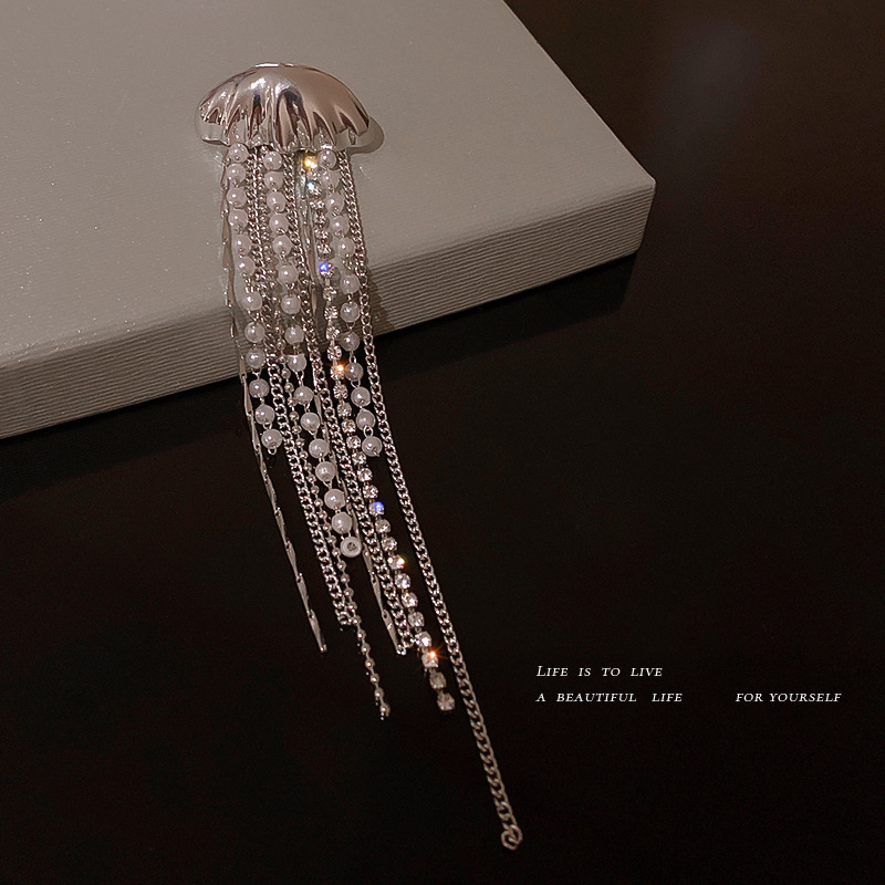 Silver Needle Diamond Pearl Tassel Jellyfish Earrings Single