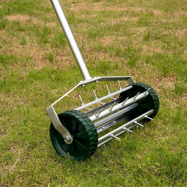 Heavy Duty Rotary Push Lawn Aerator With 3-Piece Long Steel Handle Spike Tine Design For Soil Aeration And Grass Maintenance Durable Rolling Garden And Yard Tool For Healthy Lawns