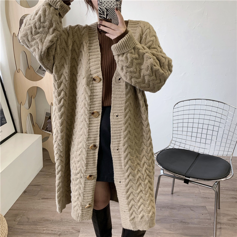 Retro Twist New Loose Large Version Lazy Style Long Thick Knitted Cardigan