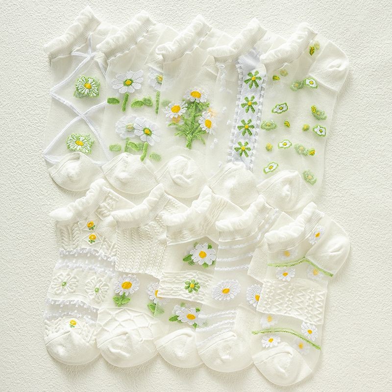 10pairs Summer Thin Lace Glass Fiber Cute Japanese Sweet Versatile Short Socks Green Countryside Transparent Socks
