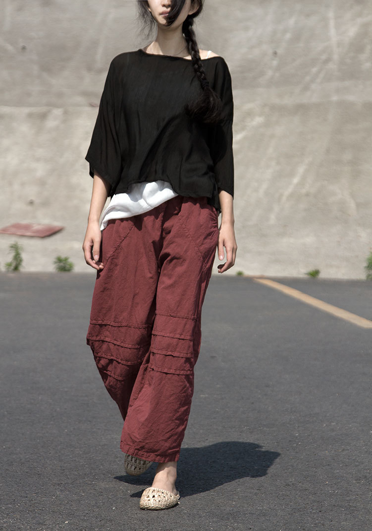 Claret Distressed Horizontal Fold Cropped Wide-leg Pants