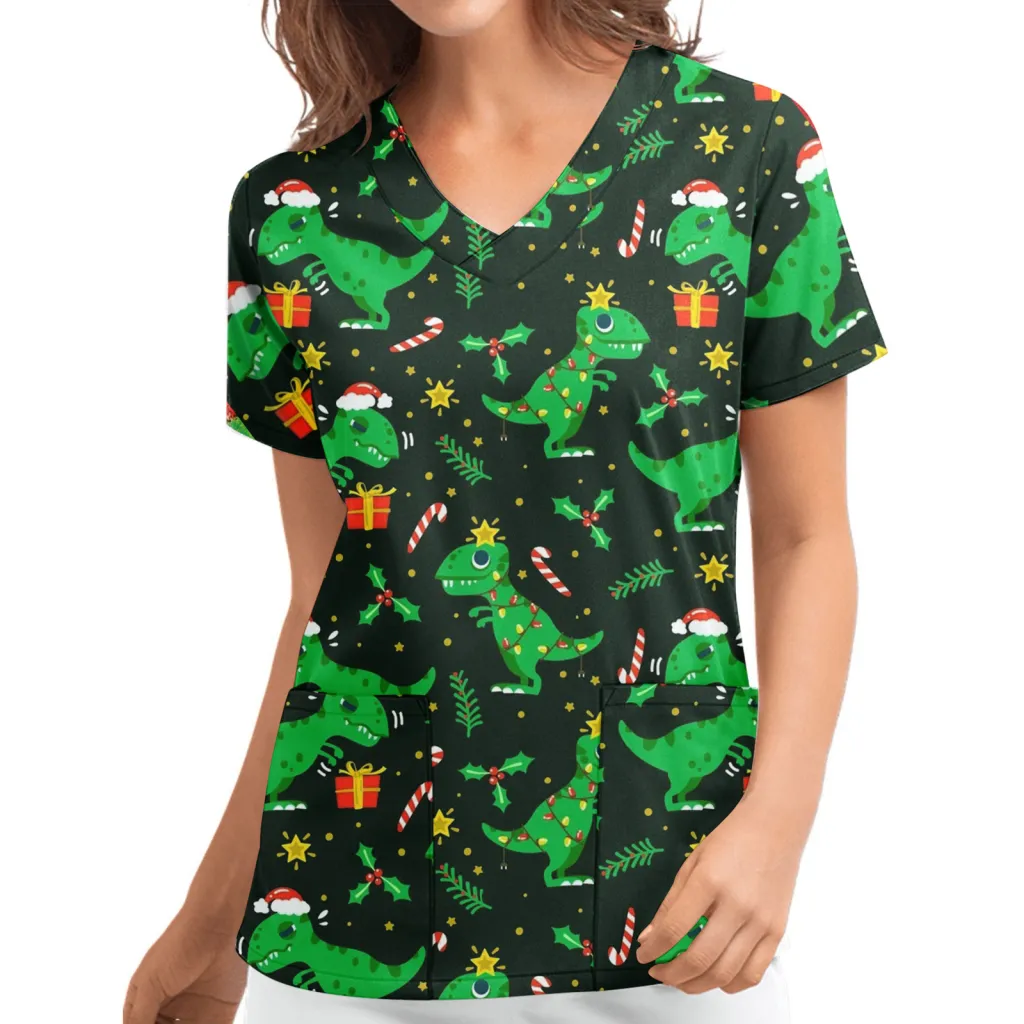 Christmas Printed V-neck Short Sleeve Workwear Workwear Top - N