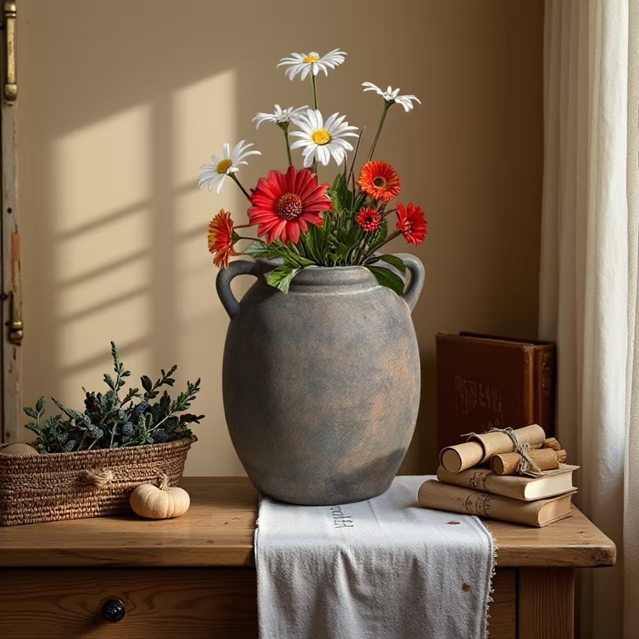 Vintage Ceramic Flower Pot Vase With Handle, Decorative Water Cultivation Jar, Home Decoration Ornament, 1pc Creative Design