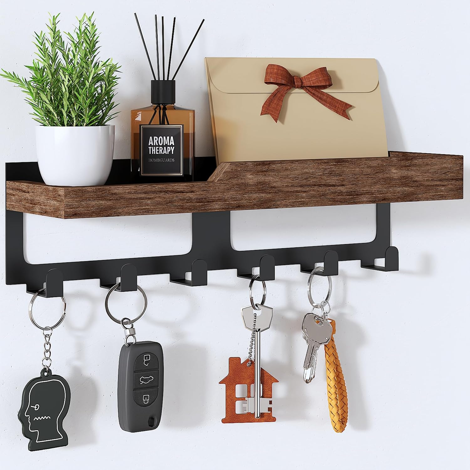 Key Holder Wall Mount With Wood Tray And 6 Hooks For Home Entryway Organization