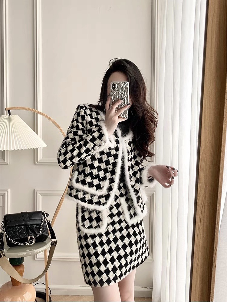 Women's Plaid Fashion Coat Skirt Two Piece Set