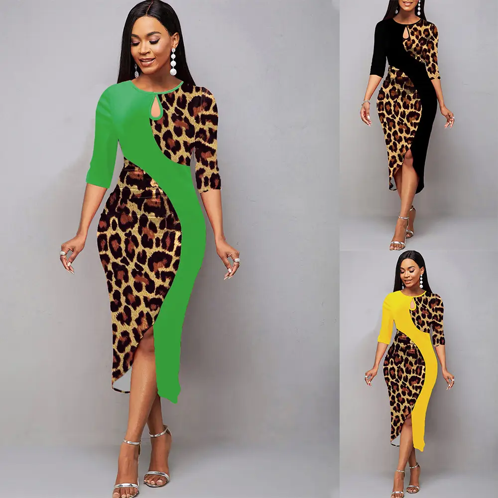 Intellectual Style Elegant Women's Leopard Print Pullover Round Neck Irregular Sheath Dress