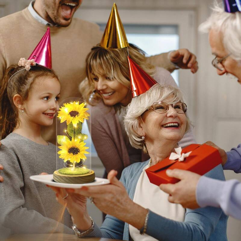 Mothers Day Gifts From Daughter Son, Eternal Sunflowers In Glass Dome With LED Lights & Gift Box, Unique Birthday Gifts For Women, Artificial Flowers Home Decor For Mum, Grandma, Wife - Sunflower Gift