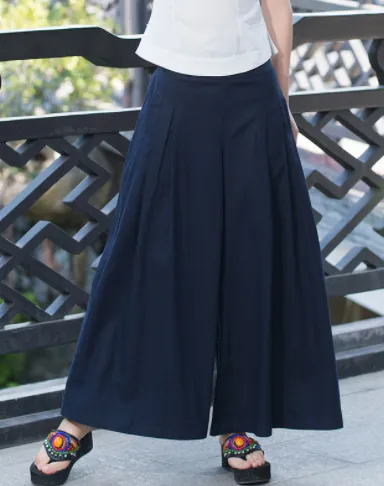 Cotton and linen wide-leg cropped trousers - Navy