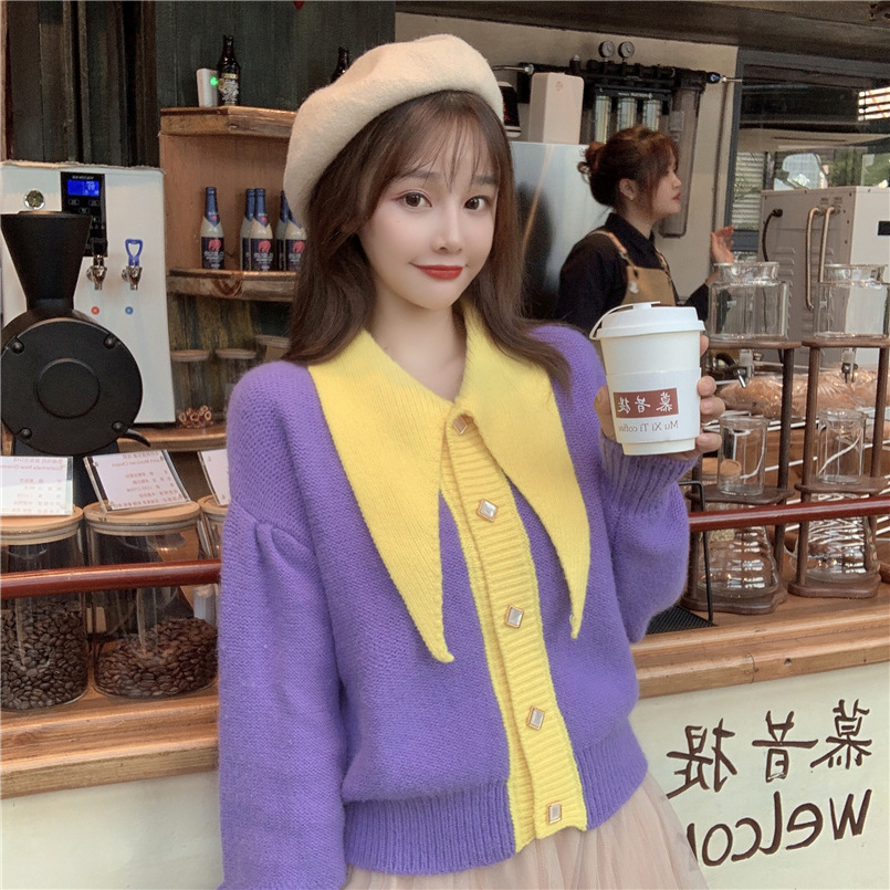 Girlish Style Contrast Stitching Pointed Collar Knitted Jacket