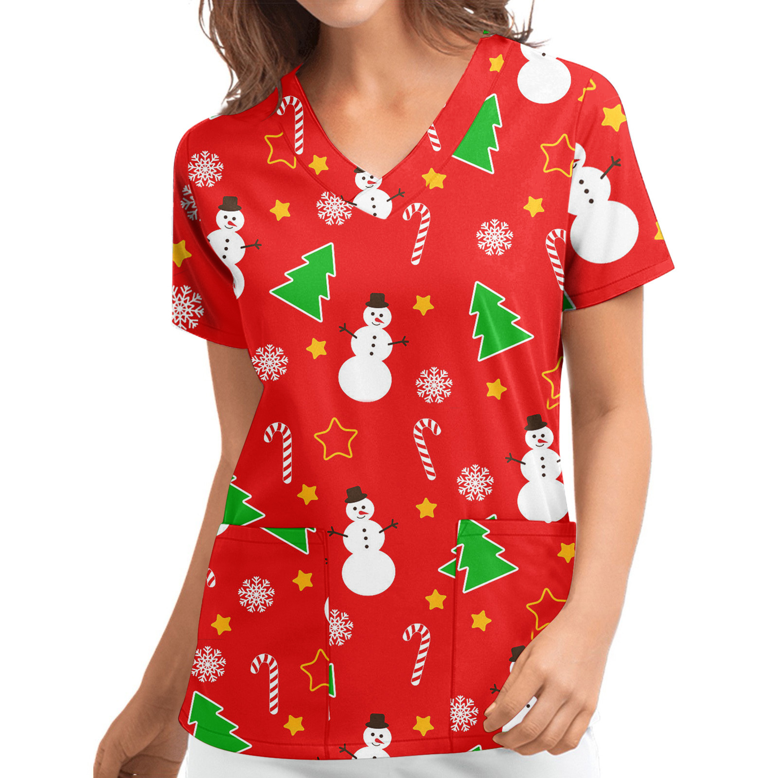 Title 13, Christmas Printed V-neck Short Sleeve Workwear ...