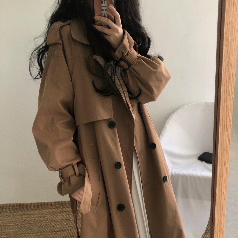 Women Black Trench Coat Mid Length Double Breasted Waist