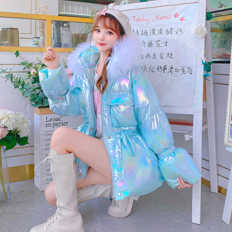 Fox Real Fur Collar Candy Color Shell Color Down Jacket Shiny Cotton Jacket Women Winter Cute Little Fragrant Wind Cotton Jacket