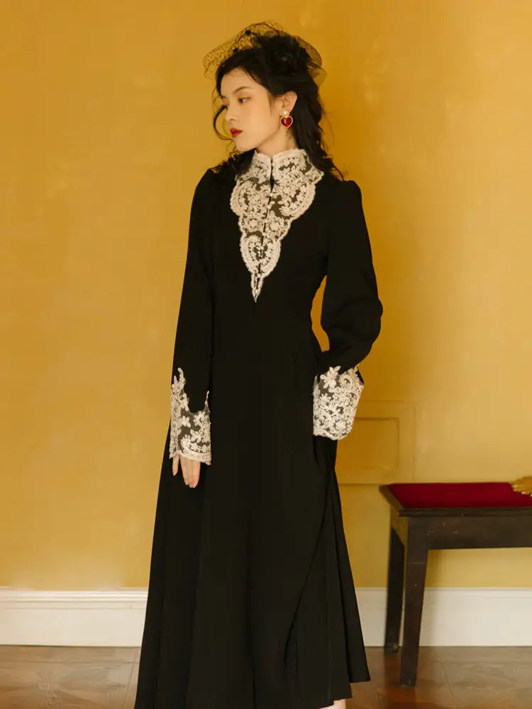 Lace Stitching Stand Collar Dress Retro