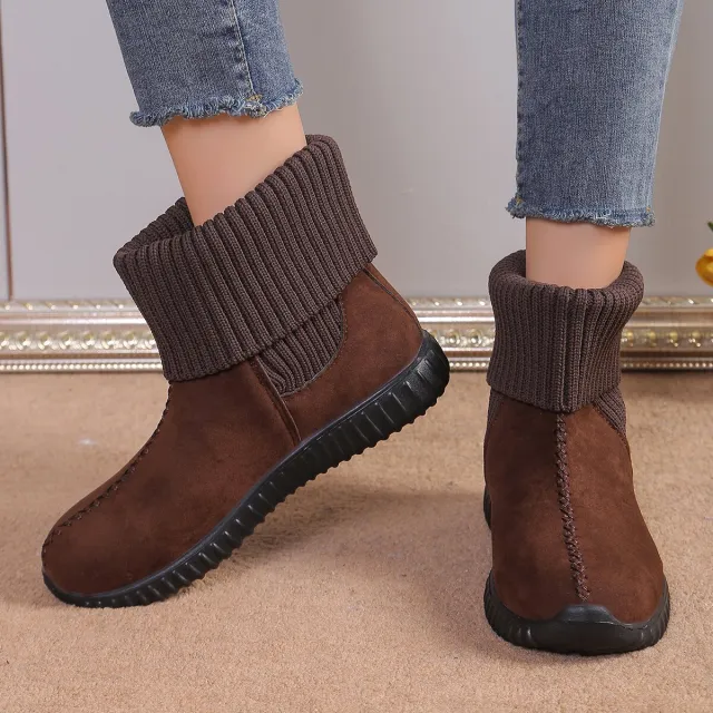Flat Ankle Boots With Reversible Knitted Design Winter Fashion Comfortable Snow Boot For Women Shoes Coffee - Shop at LoveMi