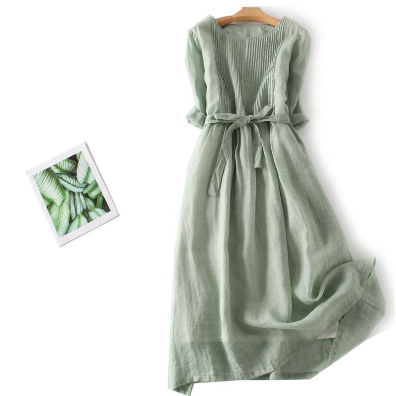 Women's 2026 Summer Retro Cotton Linen Dress, Loose Tie Waist Solid Casual  Sleeve Round Neck A-Line Dress
