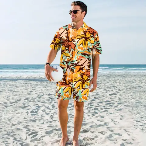 Men's Digital Printing Seaside Vacation Beach Pants Shirt Two-piece