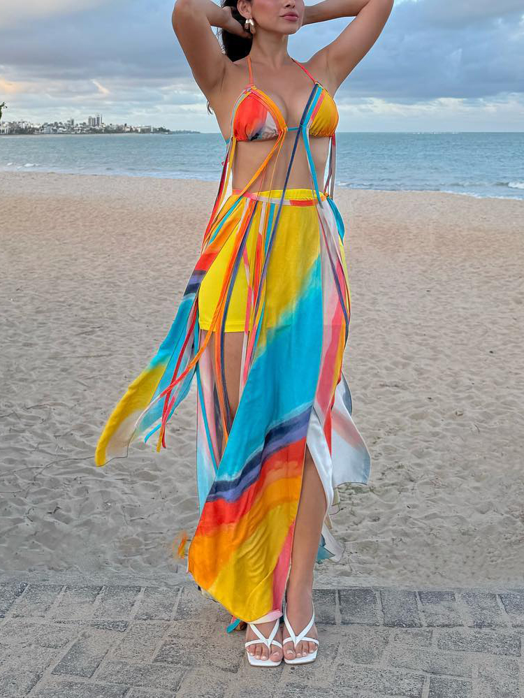 Colorful Ribbon Bra & Slit Skirt Set