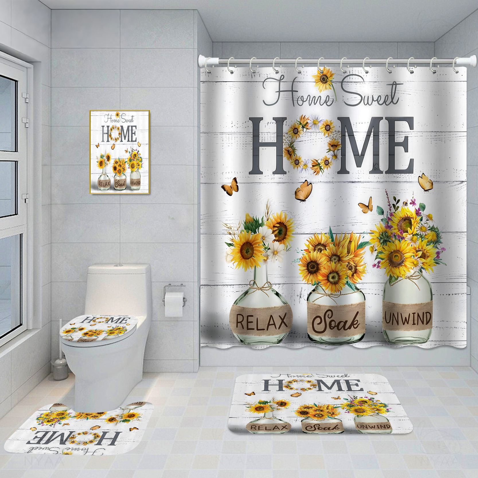Bathroom Five-piece Set, Shower Curtain, Three-piece Mat Set, Aluminum Alloy Decorative Painting