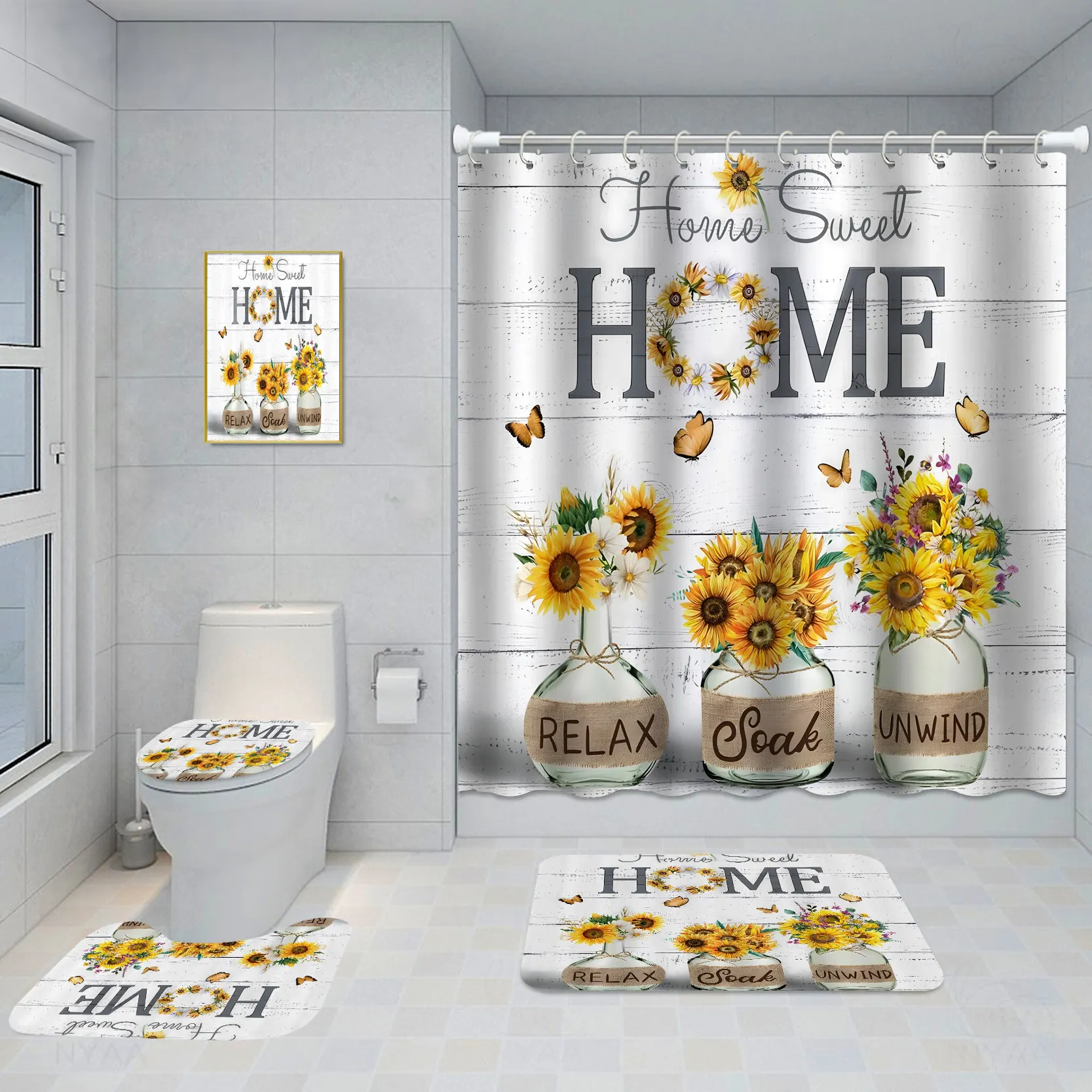 Bathroom Five-piece Set, Shower Curtain, Three-piece Mat