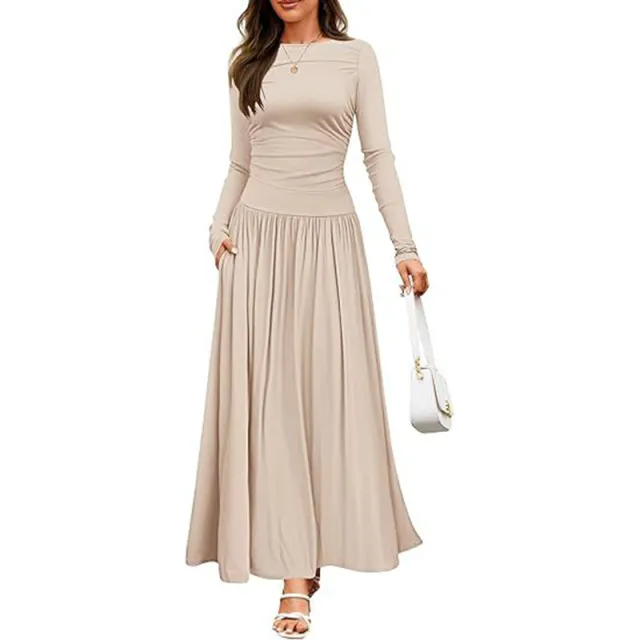 Women's Elegant Ruffle Detail Dress, Solid Color Round Neck Long Sleeve Knit Dress With Pockets Apricot - Shop at LoveMi