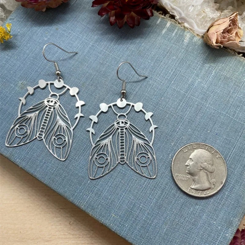 Hollow Cicada Drop Earrings Moon Phase Moth Dangle Stainless Steel Earrings For Women