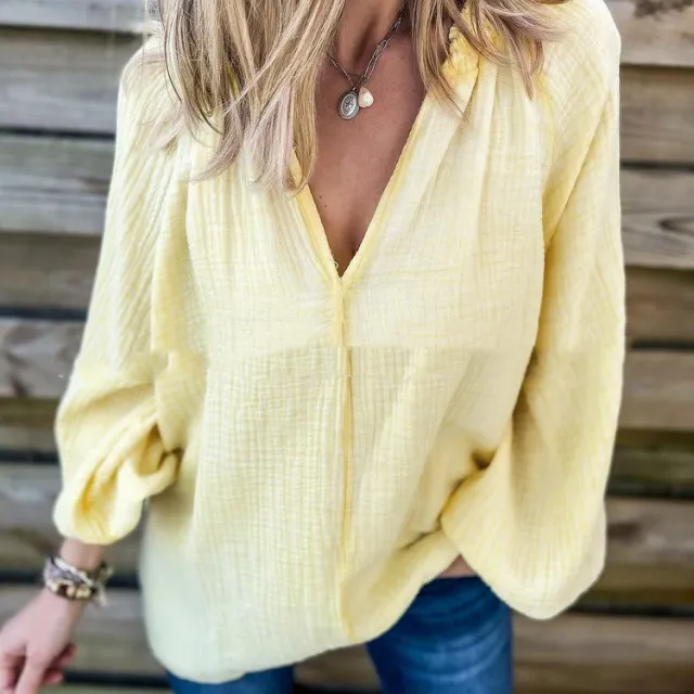 Solid Color Casual Loose Long Sleeve Shirt Top Yellow - Shop at LoveMi