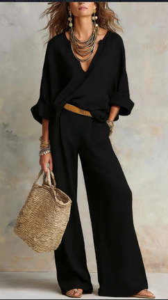 Relaxed Linen-Style V-Neck Batwing Sleeve Wide-Leg Pants Two-Piece Set