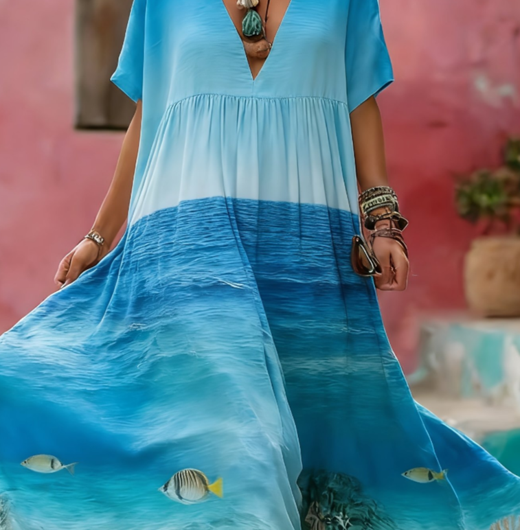 Women's Printed Elegant V-Neck Long Dress
