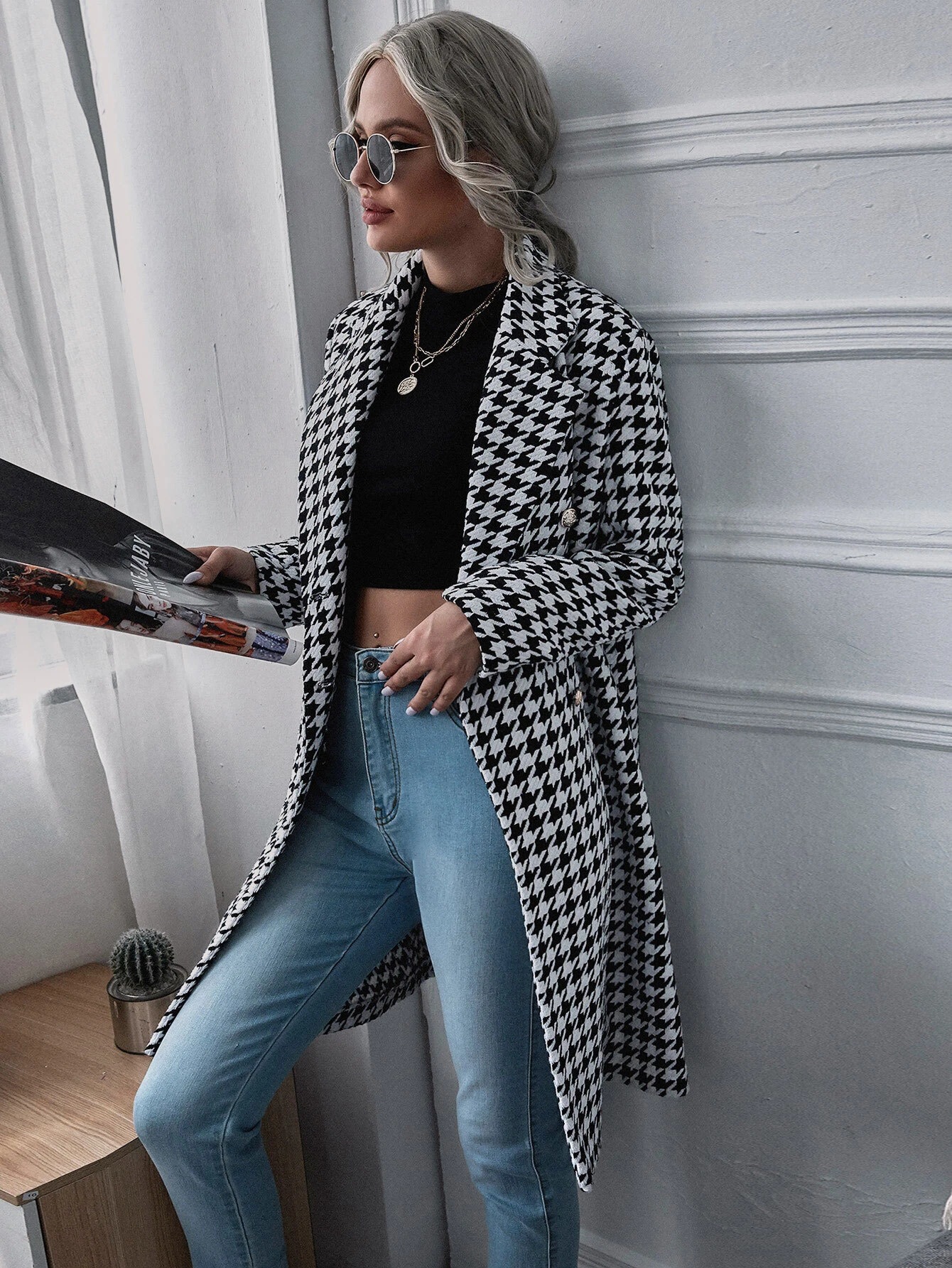 Winter New Mid-length Houndstooth Pattern Printed Casual Double-breasted Coat