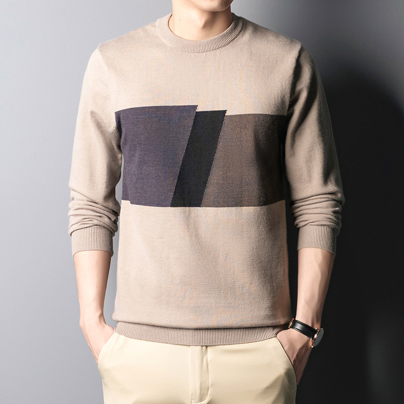 Colorblock Slim Top Fall Winter Men's Shirt Collar Knitwear