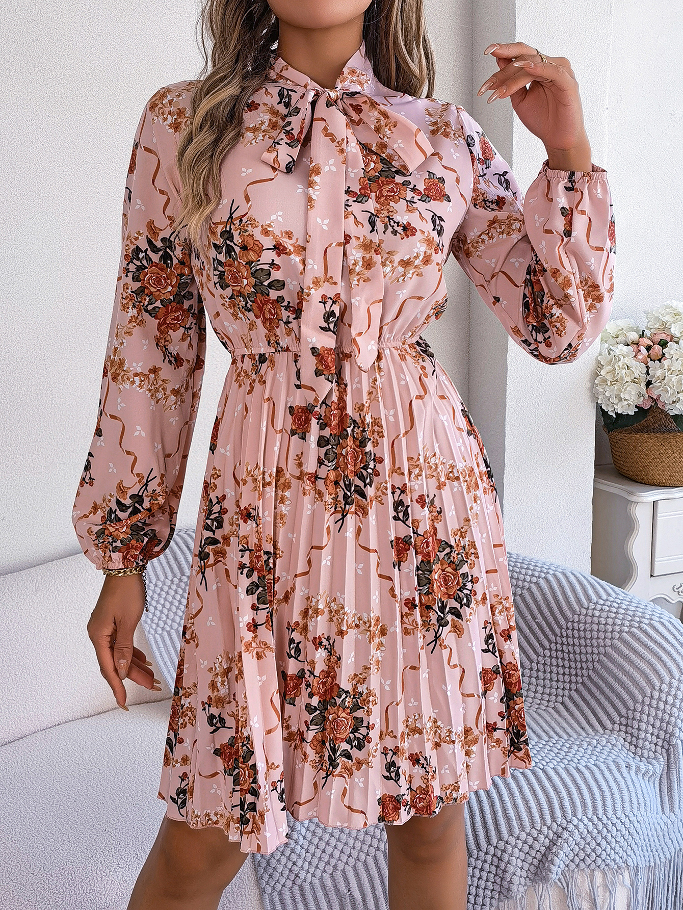 Women's Elegant Floral Tie Waist Long Sleeve Pleated Maxi Dress Pink - Shop at LoveMi