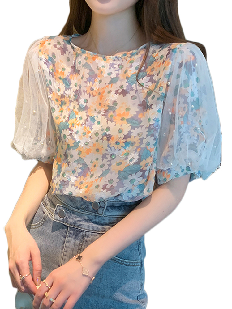 Title 5, Short-sleeved Beaded Mesh Loose Puff Sleeve Chi...