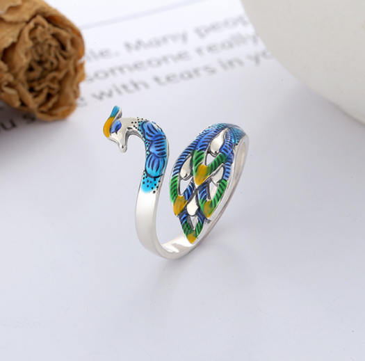 Title 5, S925 Sterling Silver Epoxy Peacock Ethnic Style...