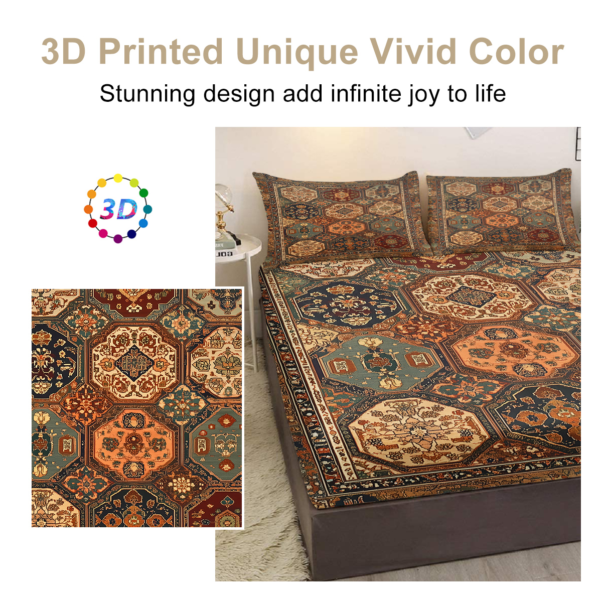 3pcs Retro Bohemian Geometric Style Minimalist Comfort Series Bed Fitted Sheet And Two Pillowcases Bedding For All Seasons Use — view 6