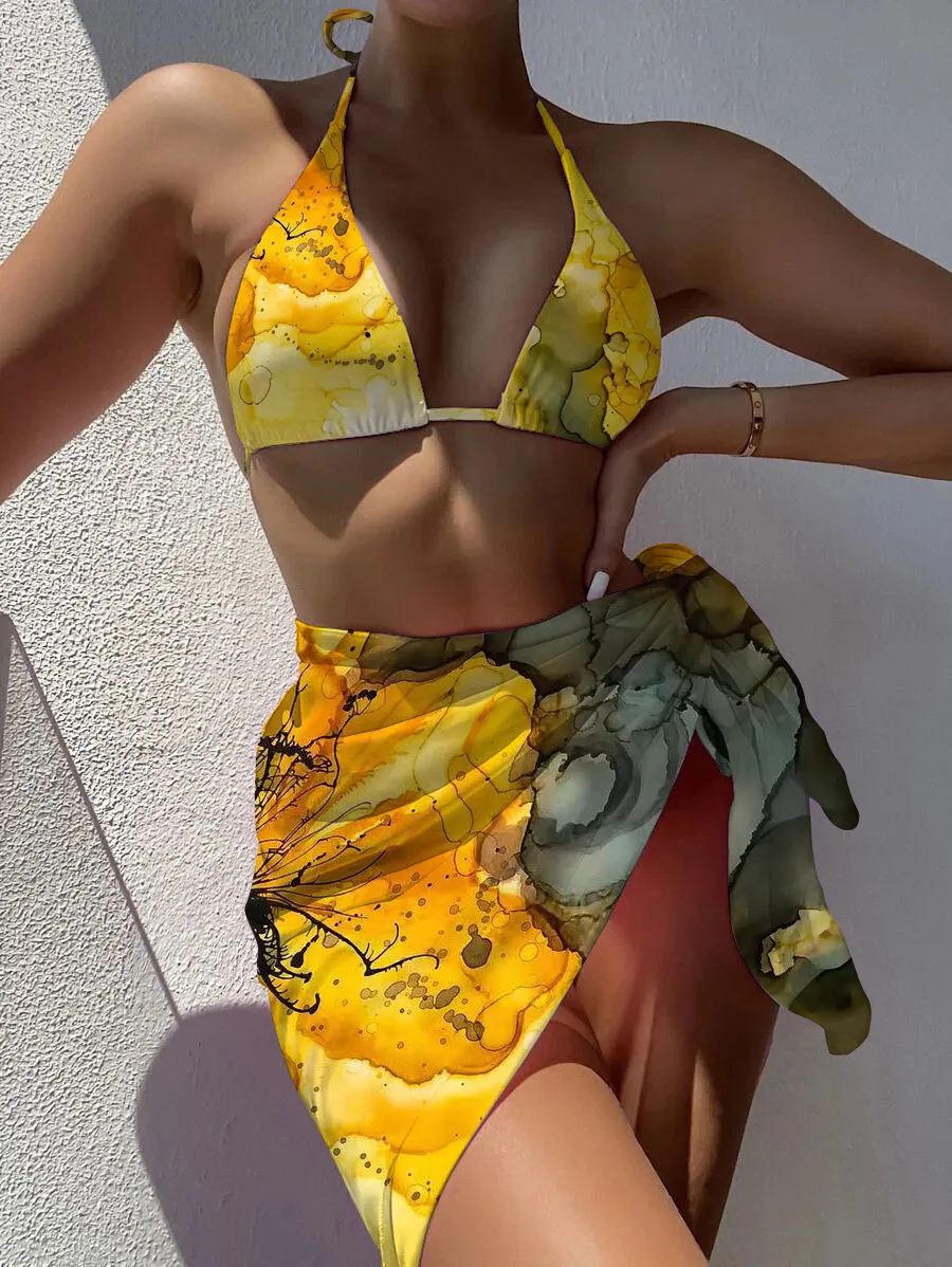 Tie Dye Mesh Swimsuit Three Piece Bikini - Yellow