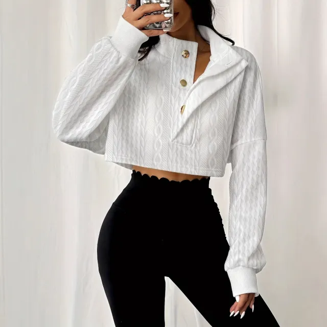 Women's Solid Color Stand Up Collar Front Button Long Sleeved Textured Short Hoodie White - Shop at LoveMi