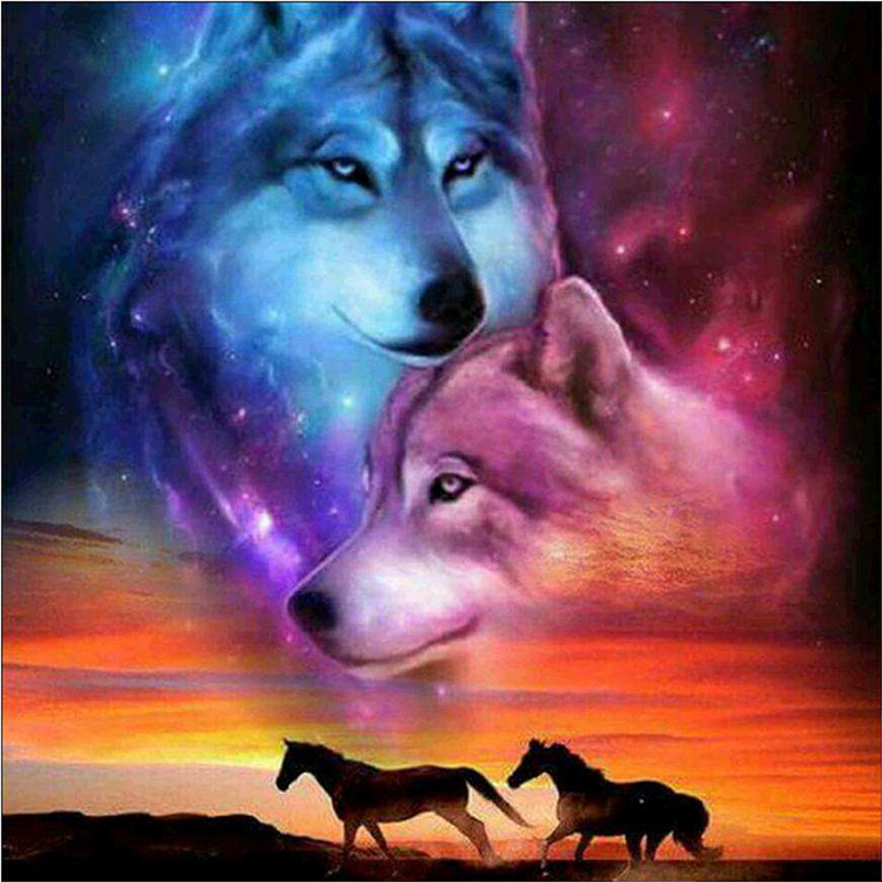 Two wolves and horse