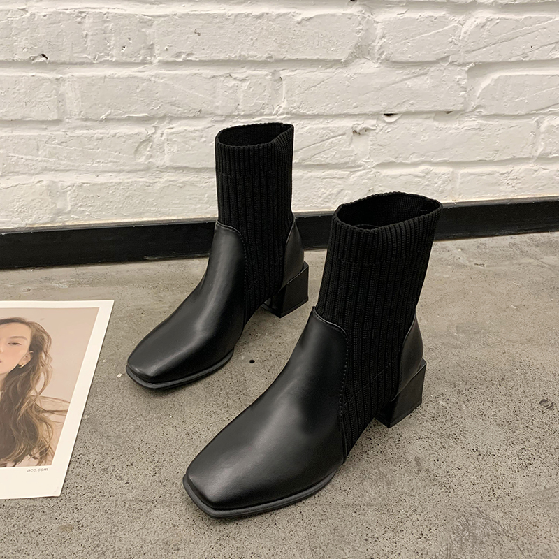 New Personality Niche Square Toe Thick Heel Socks Boots Female Ins Trend Black - Shop at LoveMi