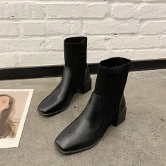 New Personality Niche Square Toe Thick Heel Socks Boots Female Ins Trend - Black - View 1