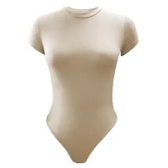 Sexy Tight-fitting Short-sleeved Jumpsuit Summer Solid Color Bodysuit Womens Clothing - Khaki - View 1
