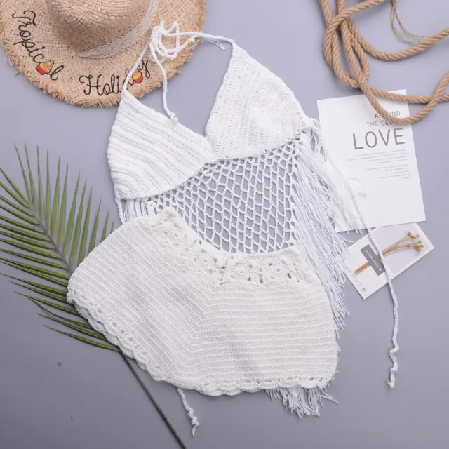 Hollow Crochet Tassel Strap Top Split Swimsuit White - Shop at LoveMi